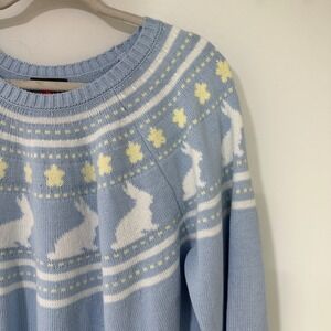 Vince Camuto Womens XL Bunny Rabbit Fair Isle Cotton Sweater Easter Blue